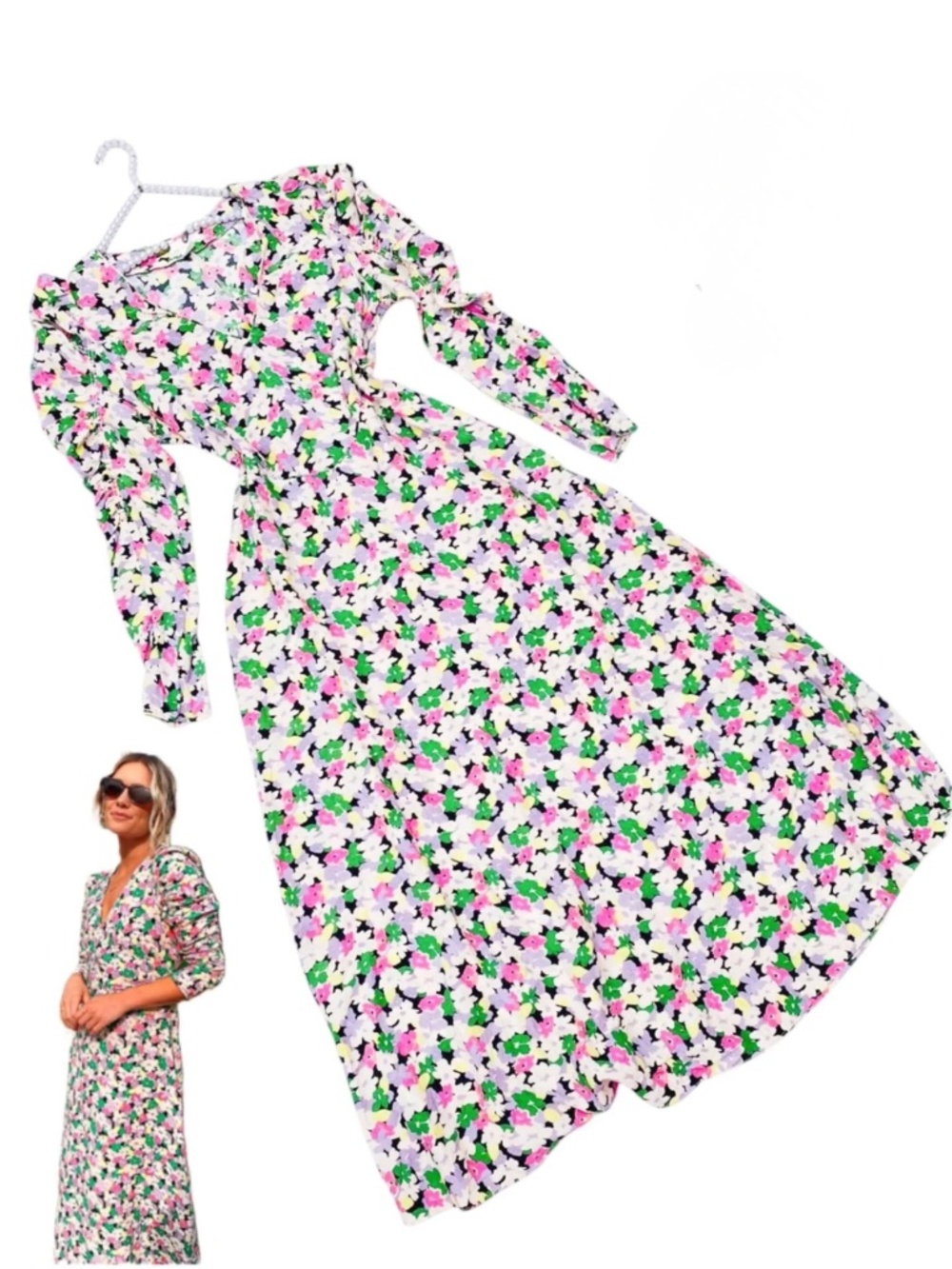 H&M Conscious Floral Midi Dress Medium Lyocell V-Neck Puff Sleeve Ruched NWT